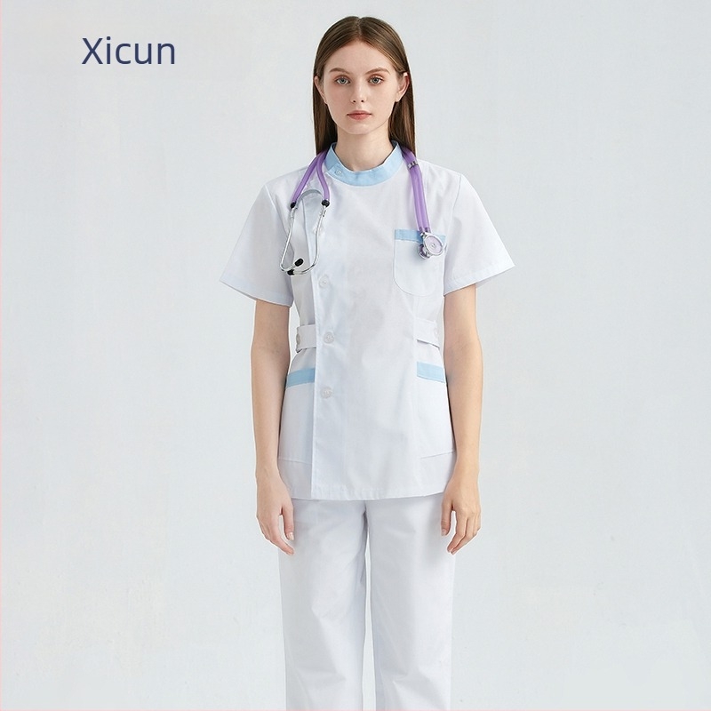 Униформа за медицински сестри за стоматологични и козметични клиники, комплект горна част и панталони, дишащ мрежест плат, смес памук–полиестер, кръгло деколте, къс ръкав, унисекс