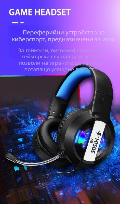 Игрова слушалка за компютър – жична, с микрофон, стил киберспорт, върху глава, директен конектор