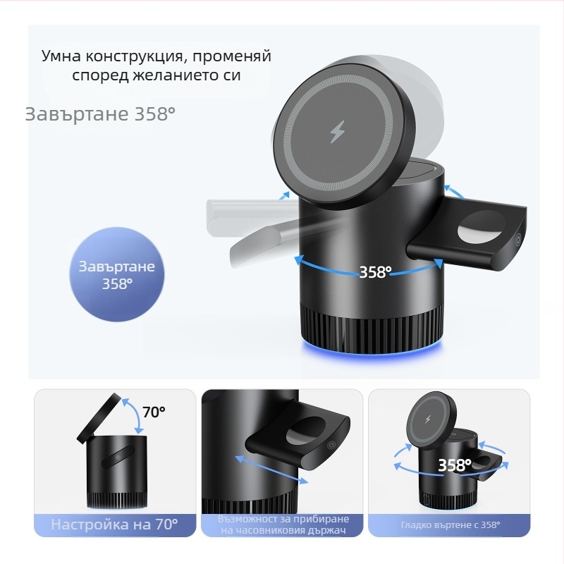 3-в-1 магнитно безжично зарядно за iPhone 15, слушалки и часовник MagSafe — PD протокол, магнитно зареждане, изход 3 A, максимум 15 W, обща мощност 23 W