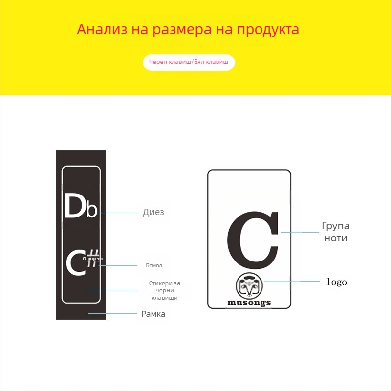 Сет стикери за пиано: стикери за черни и бели клавиши, нотни скали, модел T-30Z, английски букви, 886149
