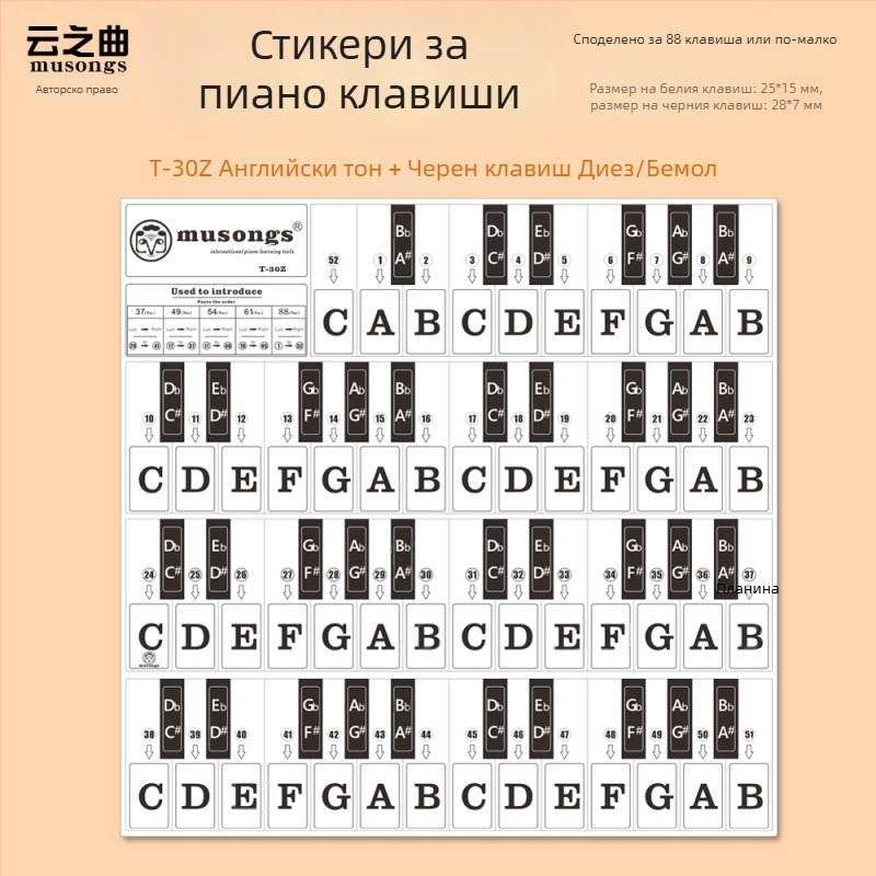 Сет стикери за пиано: стикери за черни и бели клавиши, нотни скали, модел T-30Z, английски букви, 886149