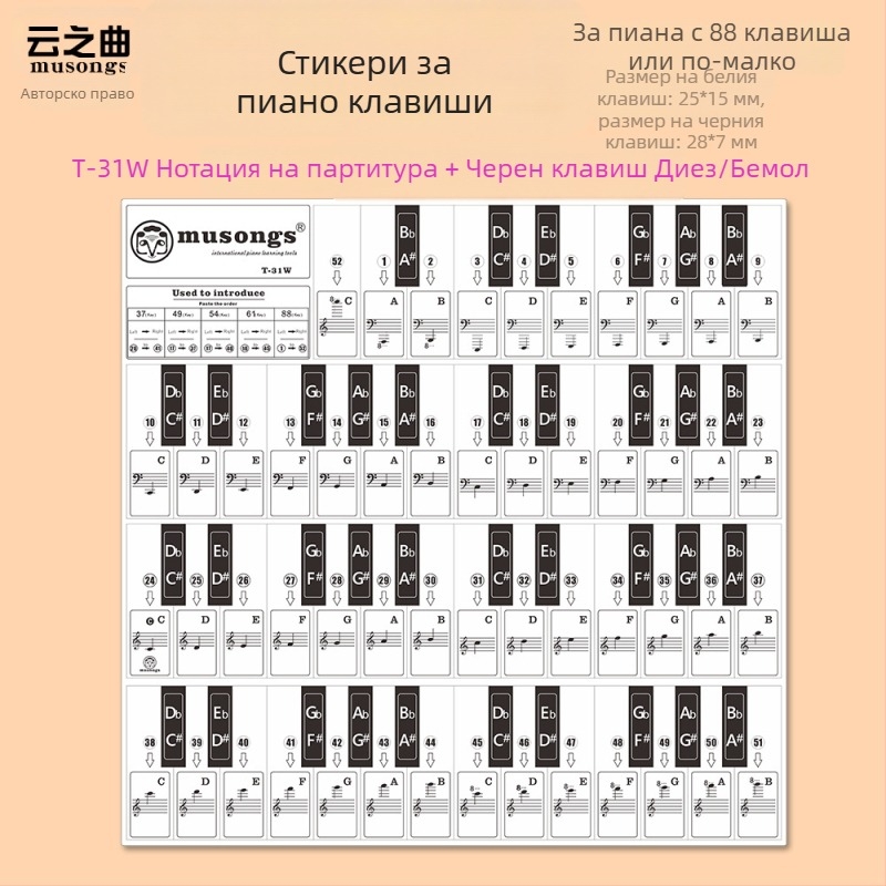 Сет стикери за пиано: стикери за черни и бели клавиши, нотни скали, модел T-30Z, английски букви, 886149