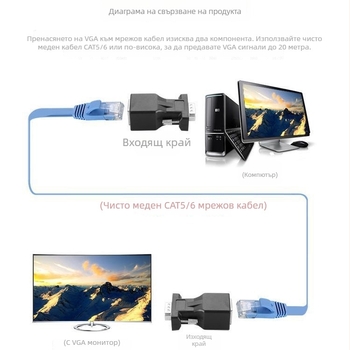 DB9 към RJ45 адаптер кабел, поддържа резолюция 1920×1080, RJ-45 интерфейс, удължимо до 20 м
