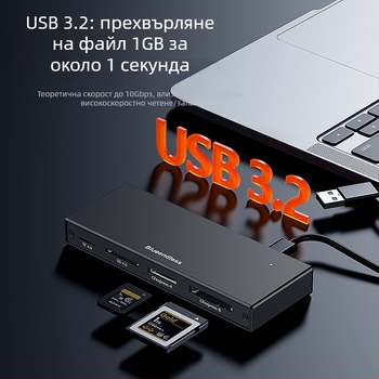 Петпортов USB 3.2 високоскоростен четец за карти - CF/SD/TF поддръжка, USB/Type-C двоен конектор, корпус от алуминиева сплав, 5V захранване