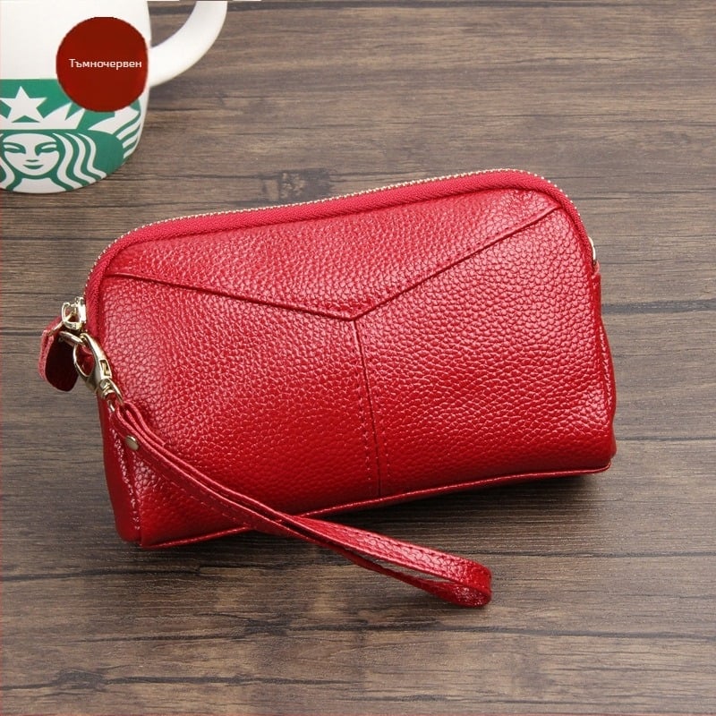 Дамска кожена клъч чанта, урбан стил, едноцветна, с една сгъвка и полиестерна подплата