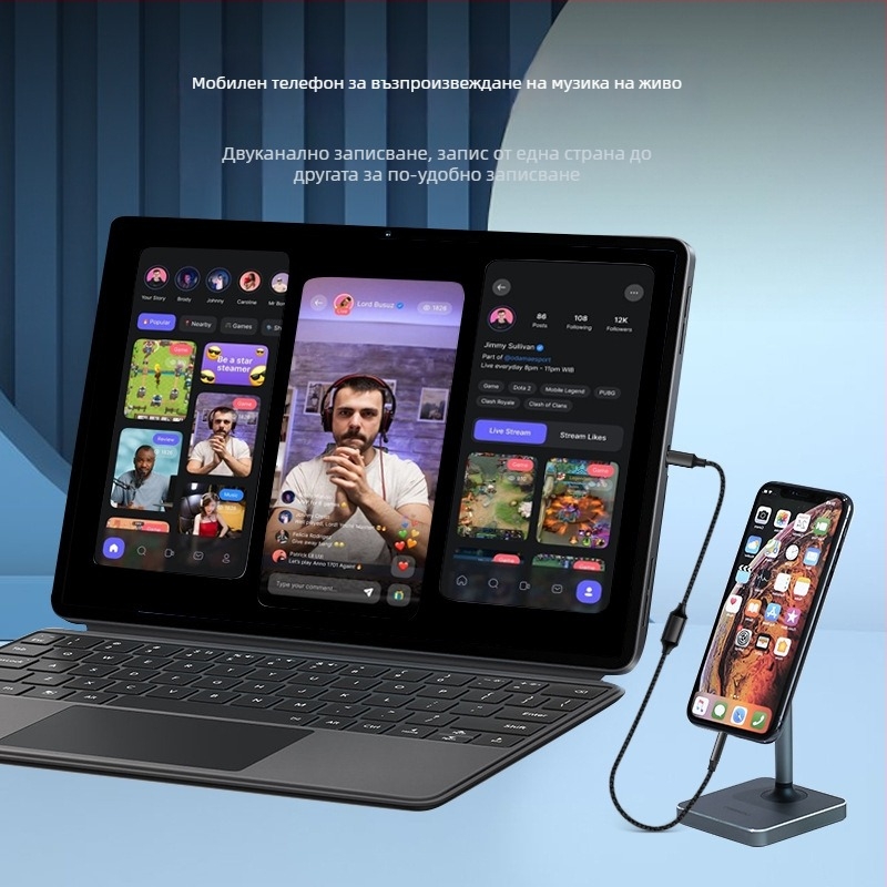 Аудио линия за запис Type-C, двупосочна за стрийминг на живо, съвместима с мобилни устройства, компютри и музикални инструменти, позлатени конектори