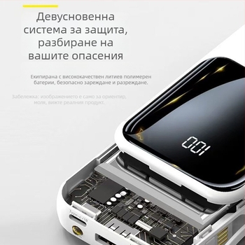 Портативна батерия 20000mAh с вграден кабел, QC2.0 бързо зареждане, 22.5W изход