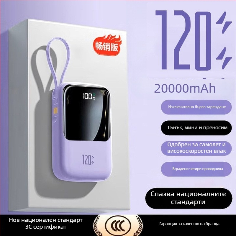 Портативна батерия 20000mAh с вграден кабел, QC2.0 бързо зареждане, 22.5W изход