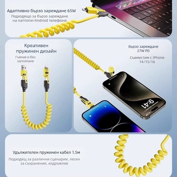 Glory 65W пружинен разтегателен кабел за зареждане четири в едно с Lightning и Type-C, силиконов, двойни конектори, PD бързо зареждане