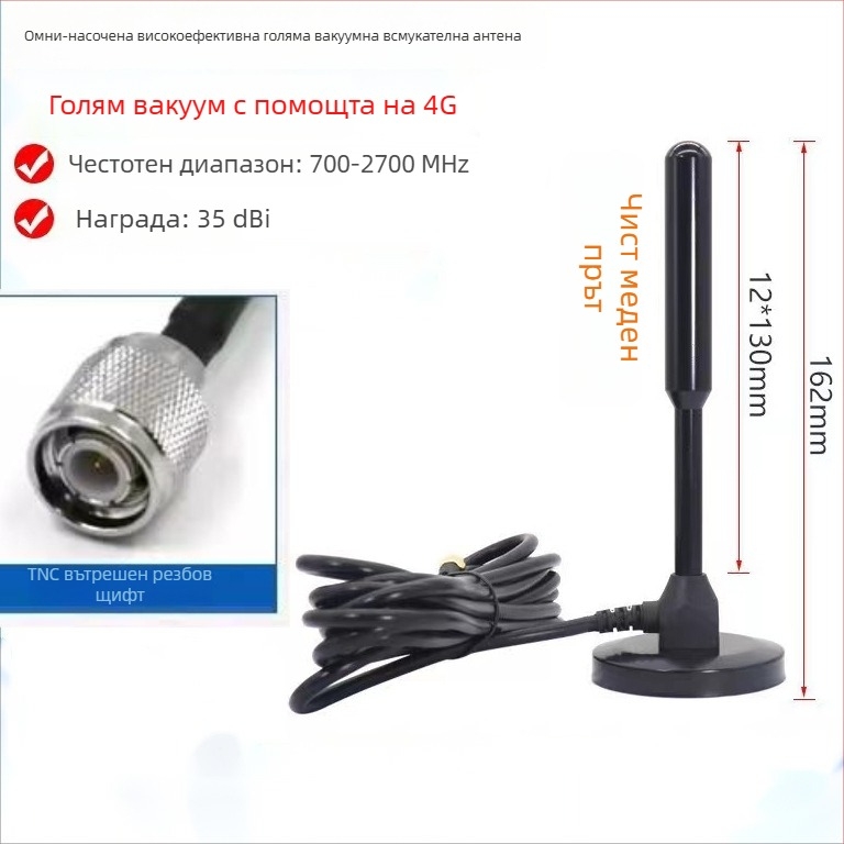 IoT антена за вендинг машина с вакуумна присоска, пълен диапазон 4G/LTE/3G/GSM/GPRS, 30 dB усилване, 50 Ω, SWR ≤ 1.5