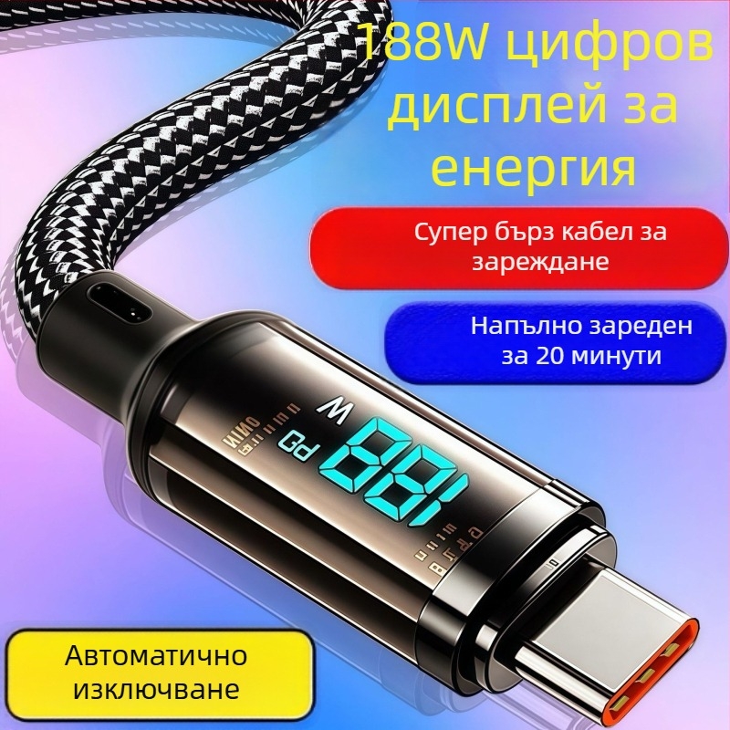 USB-C кабел за зареждане с плетена обвивка, автоматично изключване, 60W макс, дължина 1–2 m