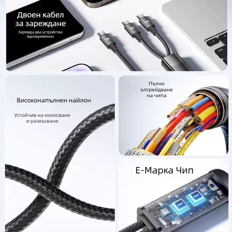 Pisen 100W 2-в-1 Type-C към 2C кабел за бързо зареждане, оплетен нейлон, единичен накрайник