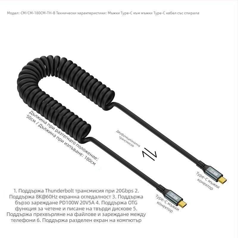 Type-C към Type-C кабел за данни с пружинена конструкция, дължина 1.8 м, 100W PD, 20Gbps, USB-C 3.1
