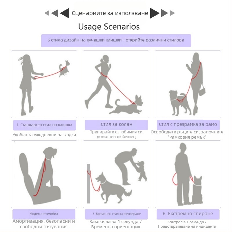 Кучешка каишка от полиестер с презрамка през тялото, ръцете свободни, за разходки на открито, рефлективна и разширяема, удароустойчива функция