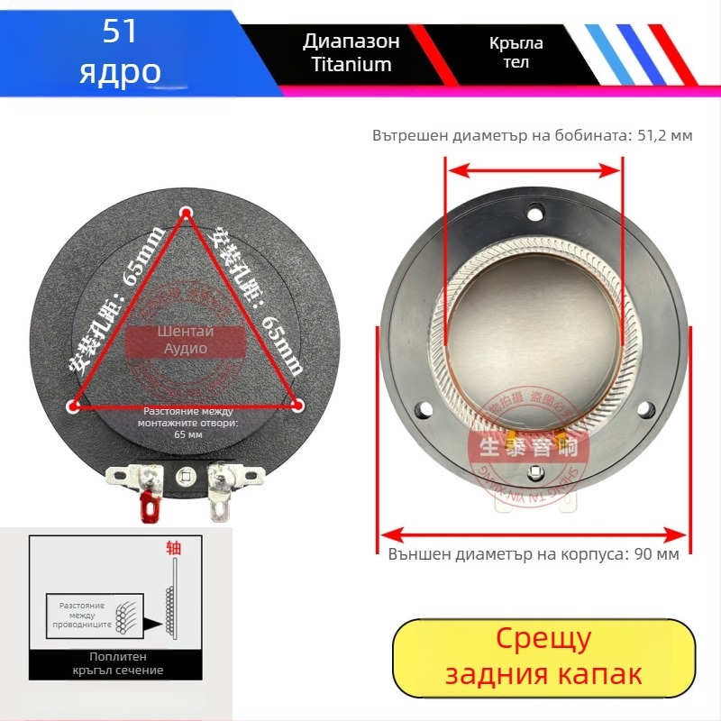 Високочестотен говорител с титаниева диафрагма, задно покритие, Horn Drive Head, кръгла плоска намотка