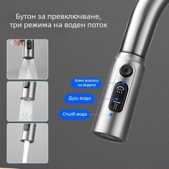 Кухненски издърпващ се смесител за мивка, корпус от медно-сплав, керамичен диск клапан, монтаж на седалка, модерен стил