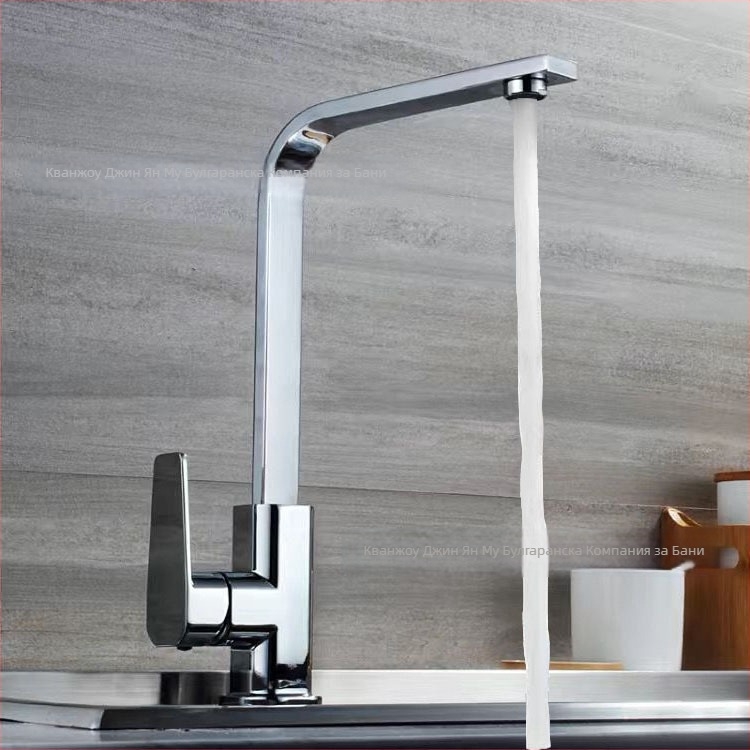 Кухненски смесител с дизайн на квадратна плоска тръба и седемобразен профил; модел JYM-013; неръждаема стомана; керамичен клапан; вертикално монтиране; повдигащ механизъм за отваряне; смесител за гореща и студена вода.
