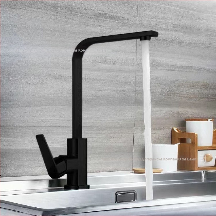 Кухненски смесител с дизайн на квадратна плоска тръба и седемобразен профил; модел JYM-013; неръждаема стомана; керамичен клапан; вертикално монтиране; повдигащ механизъм за отваряне; смесител за гореща и студена вода.