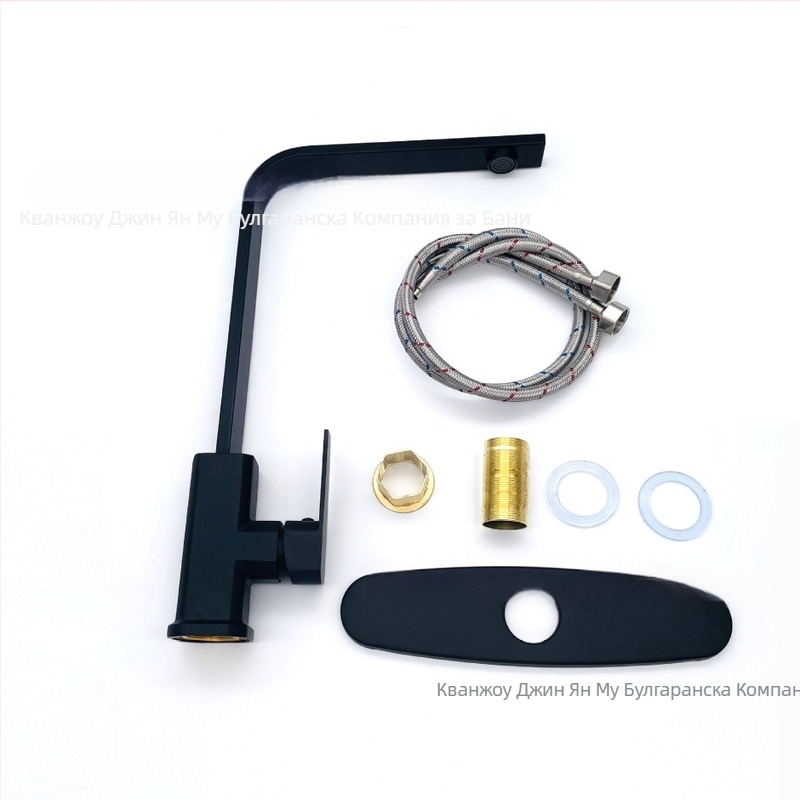 Кухненски смесител с дизайн на квадратна плоска тръба и седемобразен профил; модел JYM-013; неръждаема стомана; керамичен клапан; вертикално монтиране; повдигащ механизъм за отваряне; смесител за гореща и студена вода.