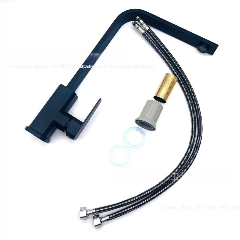 Кухненски смесител с дизайн на квадратна плоска тръба и седемобразен профил; модел JYM-013; неръждаема стомана; керамичен клапан; вертикално монтиране; повдигащ механизъм за отваряне; смесител за гореща и студена вода.