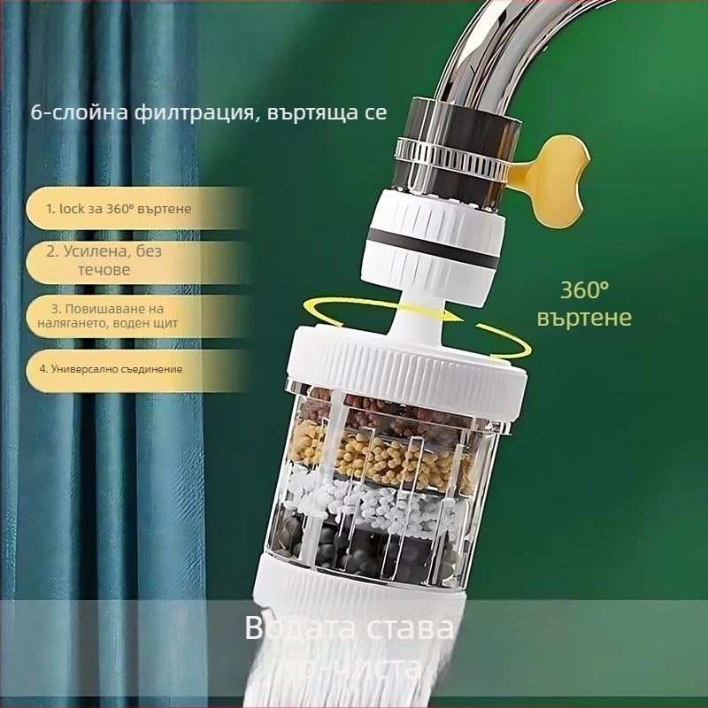 Филтър за чешмата — въртящ се модел, полипропилен (PP), универсална седалка на клапана, вход/изход стандартен размер, монтаж snap-on