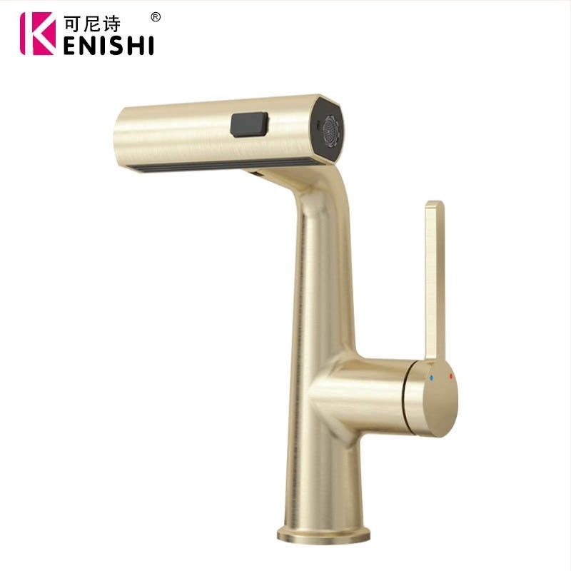 Смесител за мивка, цинкова сплав, издърпващ се дизайн, керамичен картридж, седалка 35 мм, повдигателно откриване, 4-точкови входове/изходи