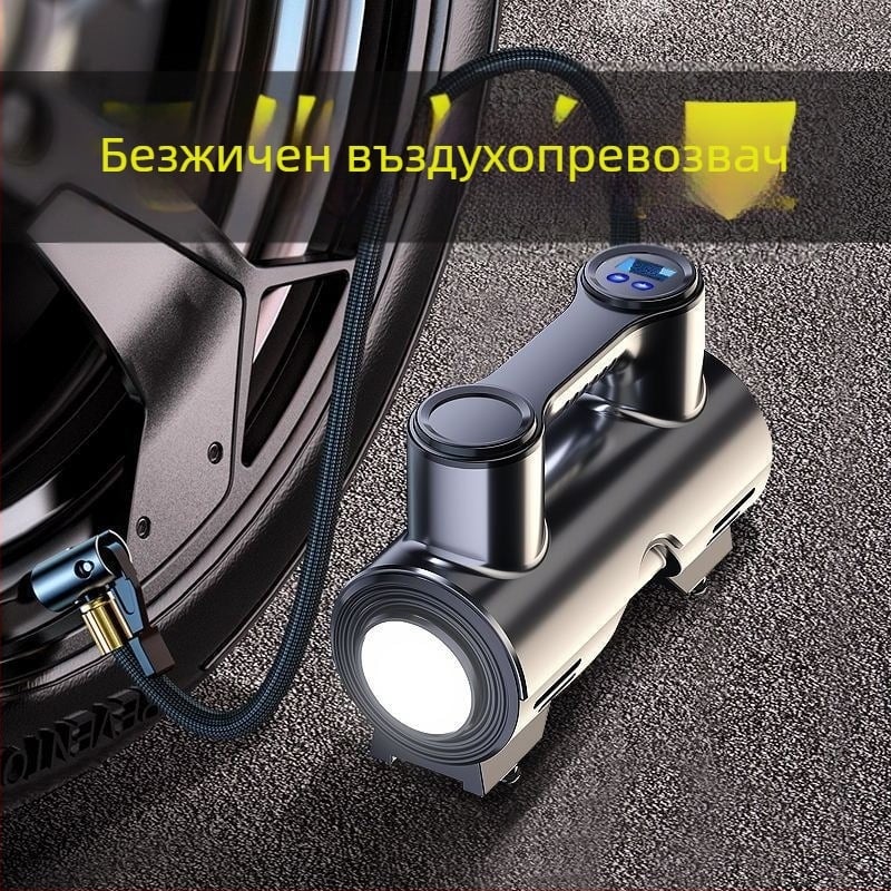 Безжична автомобилна помпа за надуване на гуми, многофункционална високопроизводителна портативна помпа с цифров дисплей, 120 W, двойна или повече цилиндри, предупредителна светлина, време на непрекъсната работа 1–5 минути