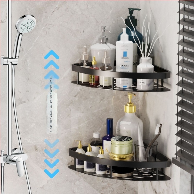 Ъглова полка за баня за съхранение – 3 нива, стенен монтаж без пробиване, Space aluminum, натоварване 5–10 кг