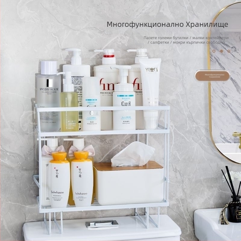 Железен ъглов рафт за баня, над тоалетната, двуетажен, стил прост и модерен