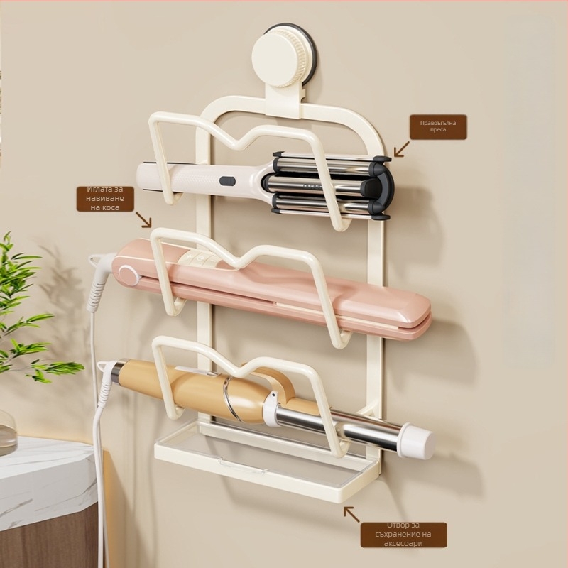 Стенно монтиран рафт за съхранение на инструменти за коса с вакуумна чашка – 3-етажна метална конструкция за маши за коса и сешоари, многофункционален