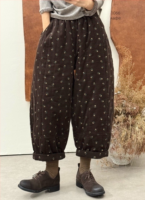 Дамски панталони corduroy с принт върху памук, свободен харам стил, еластична талия, подплата quilted, дебел зимен модел 2025