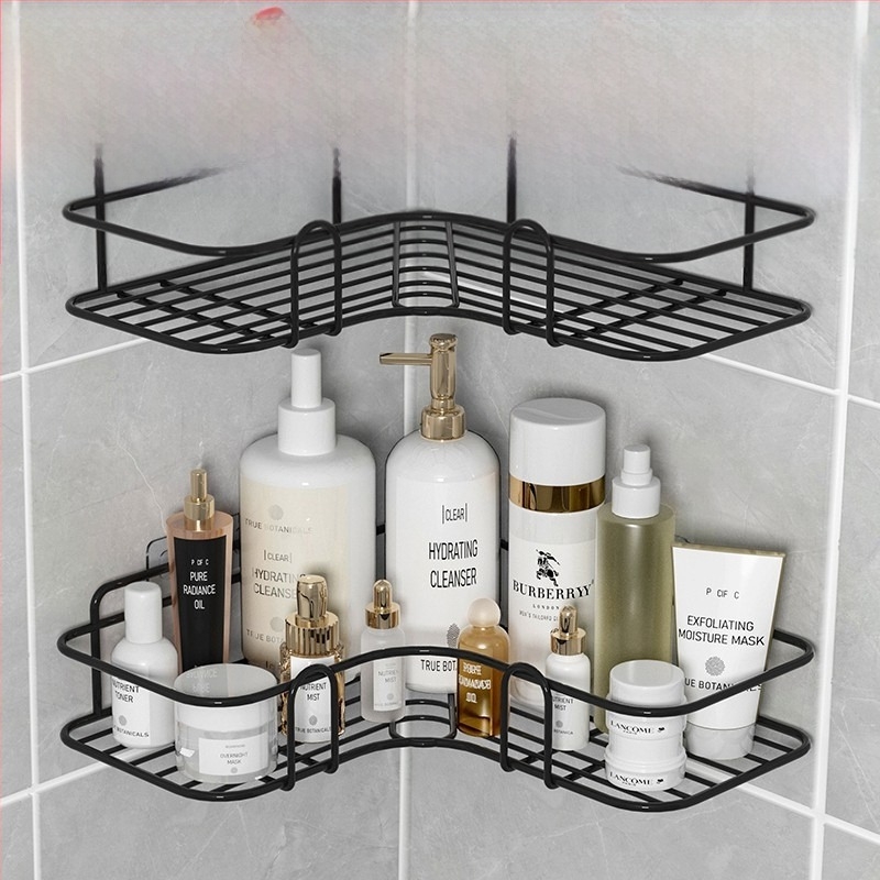 Стенно рафт за баня с триъгълна кошница, без пробиване, за съхранение на козметика и принадлежности