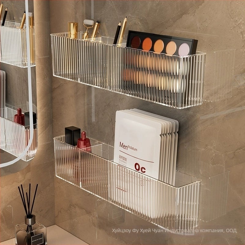 Стенно монтирана полица за баня, от пластмаса, вакуумно закрепване, за съхранение на грим и грижа за кожата, едно ниво