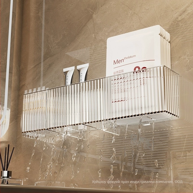 Стенно монтирана полица за баня, от пластмаса, вакуумно закрепване, за съхранение на грим и грижа за кожата, едно ниво