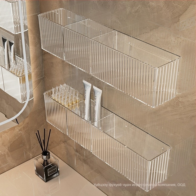 Стенно монтирана полица за баня, от пластмаса, вакуумно закрепване, за съхранение на грим и грижа за кожата, едно ниво