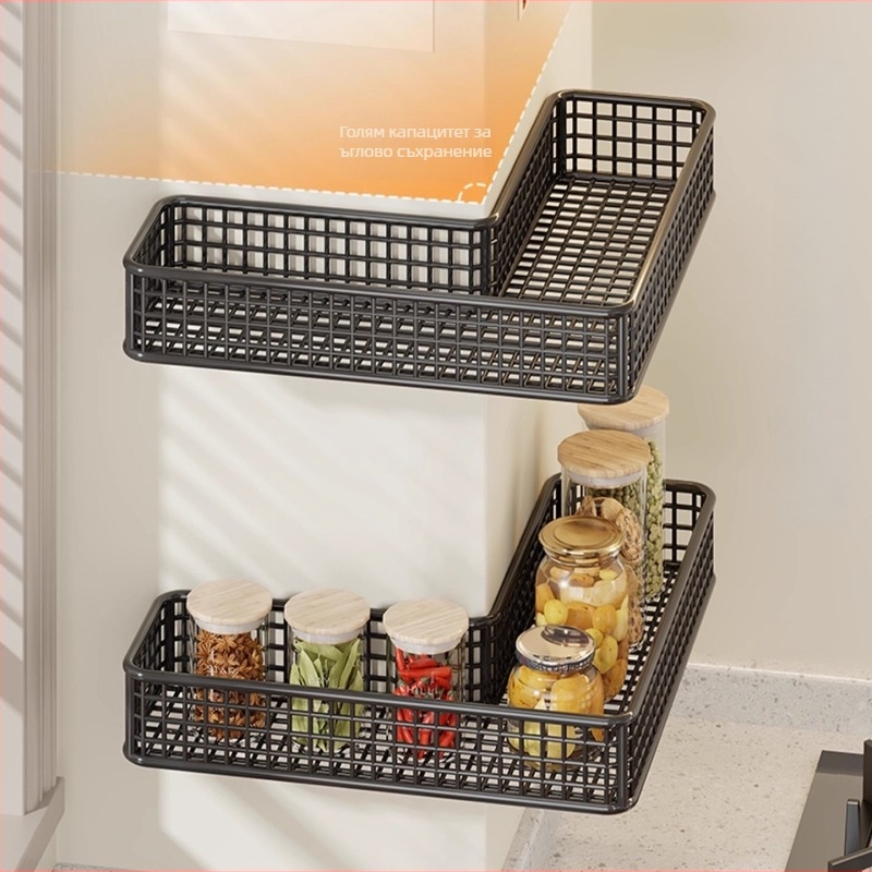 Ъглов стенен кухненски рафт, многофункционален метален органайзер за подправки, чесън и джинджифил