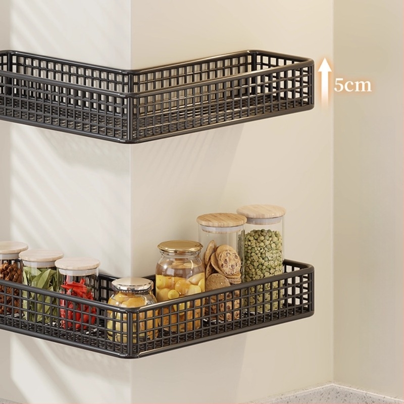 Ъглов стенен кухненски рафт, многофункционален метален органайзер за подправки, чесън и джинджифил