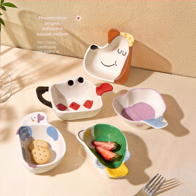 Керамична чинийка за дипове - нестандартна форма, мультяшен принт, сладък стил, подходяща за микровълнова печка
