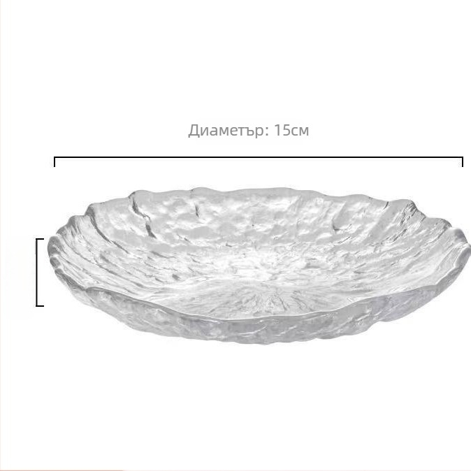 Стъклена кръгла чиния за плодове и закуски, модерна минималистична посуда за хол, прозрачно, повърхност с ръчно рисуван дизайн, възможност за персонализирано лого
