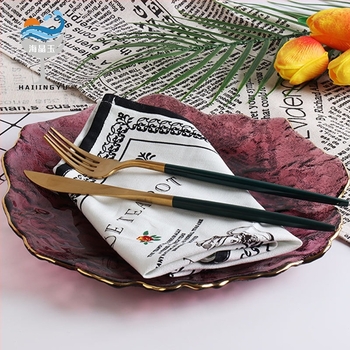 Сет чинии за вечеря от стъкло с нестандартна форма, скандинавски стил, ръчно рисувана повърхност, печатано лого