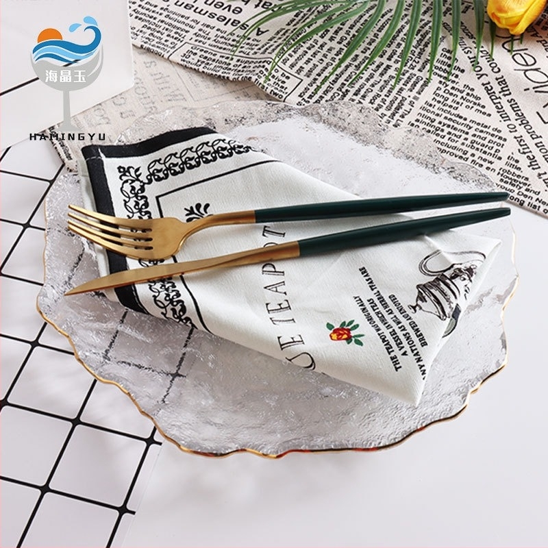 Сет чинии за вечеря от стъкло с нестандартна форма, скандинавски стил, ръчно рисувана повърхност, печатано лого