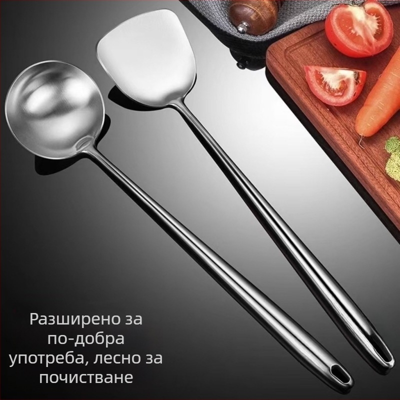 Комплект лопатка за пържене и лъжичка от 201 неръждаема стомана, с метална дръжка; висока термостойкост; категория: прибори за готвене; възможност за персонализация (печати на лого)