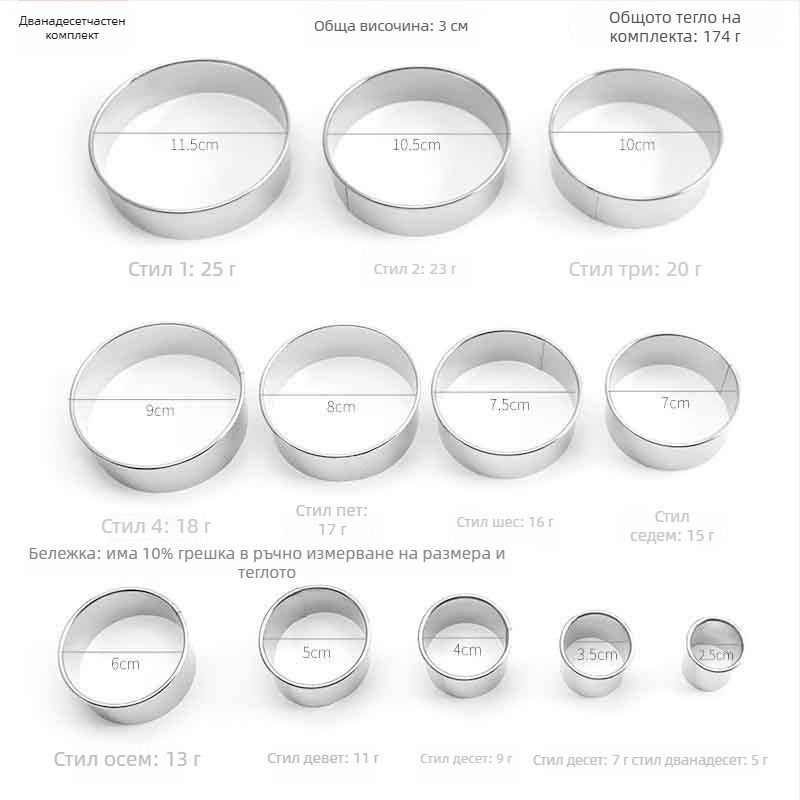 Комплект форми за печене от неръждаема стомана, кръгли, 11-12 части, за мусове и торти