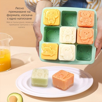 Силиконова форма за десерти с девет отделения в стил мечка, квадратна, 30 ml на отделение, за бебешко хранене.