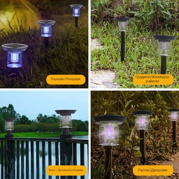 Лампа за комари на открито с електрически удар – соларна, водоустойчива, въртяща се LED лампа за двор до 10㎡, алуминиев корпус