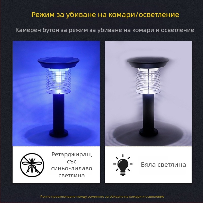 Лампа за комари на открито с електрически удар – соларна, водоустойчива, въртяща се LED лампа за двор до 10㎡, алуминиев корпус