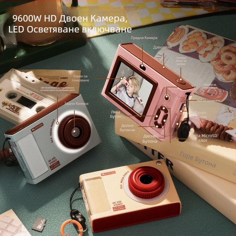 MOBEE ретро детска дигитална камера PN-F002, 9600W пиксели, 32GB съхранение, 2,4-инчов LCD, 8 ч. батерия