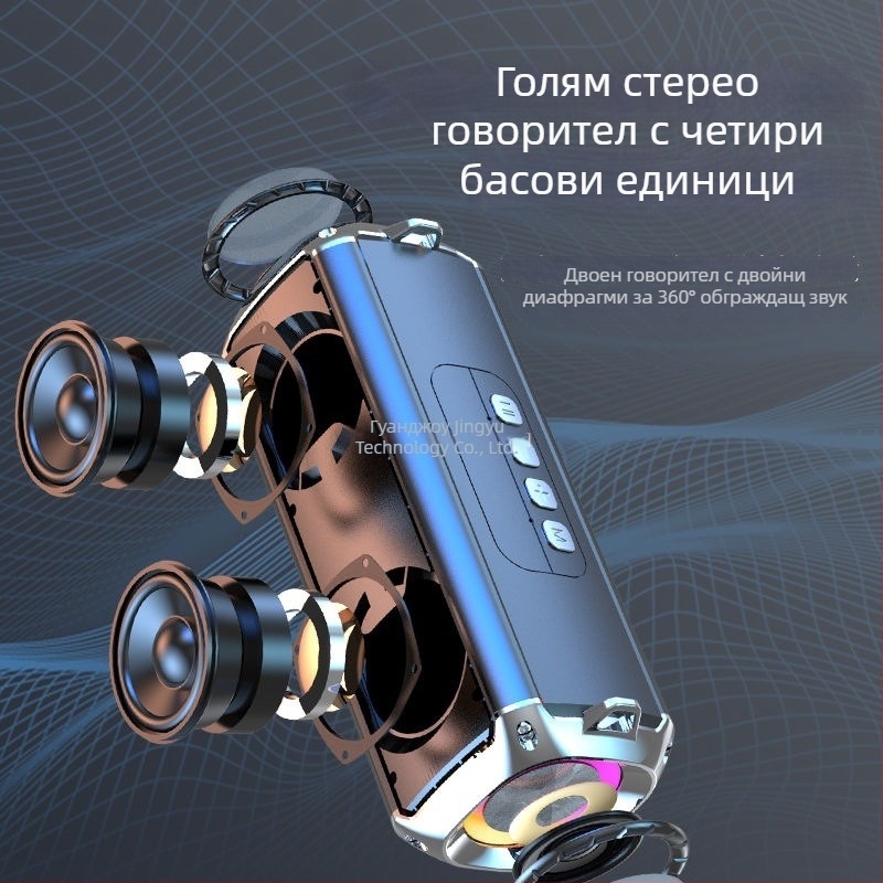 Bluetooth колонка с двойни говорители, IPX7 водоустойчив, Bluetooth 5.0, 100 Hz–20 kHz, входове: 3,5 мм жак, TF карта, USB, Bluetooth; без вградена батерия; за външно ползване
