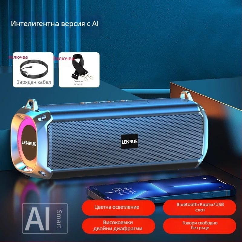 Bluetooth колонка с двойни говорители, IPX7 водоустойчив, Bluetooth 5.0, 100 Hz–20 kHz, входове: 3,5 мм жак, TF карта, USB, Bluetooth; без вградена батерия; за външно ползване