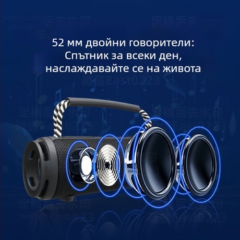 Bluetooth колонка с текстилна обвивка, портативна за открито, 15W, вградена батерия 1200–2000mAh, TF карта, Bluetooth 5.1, обхват до 10 м